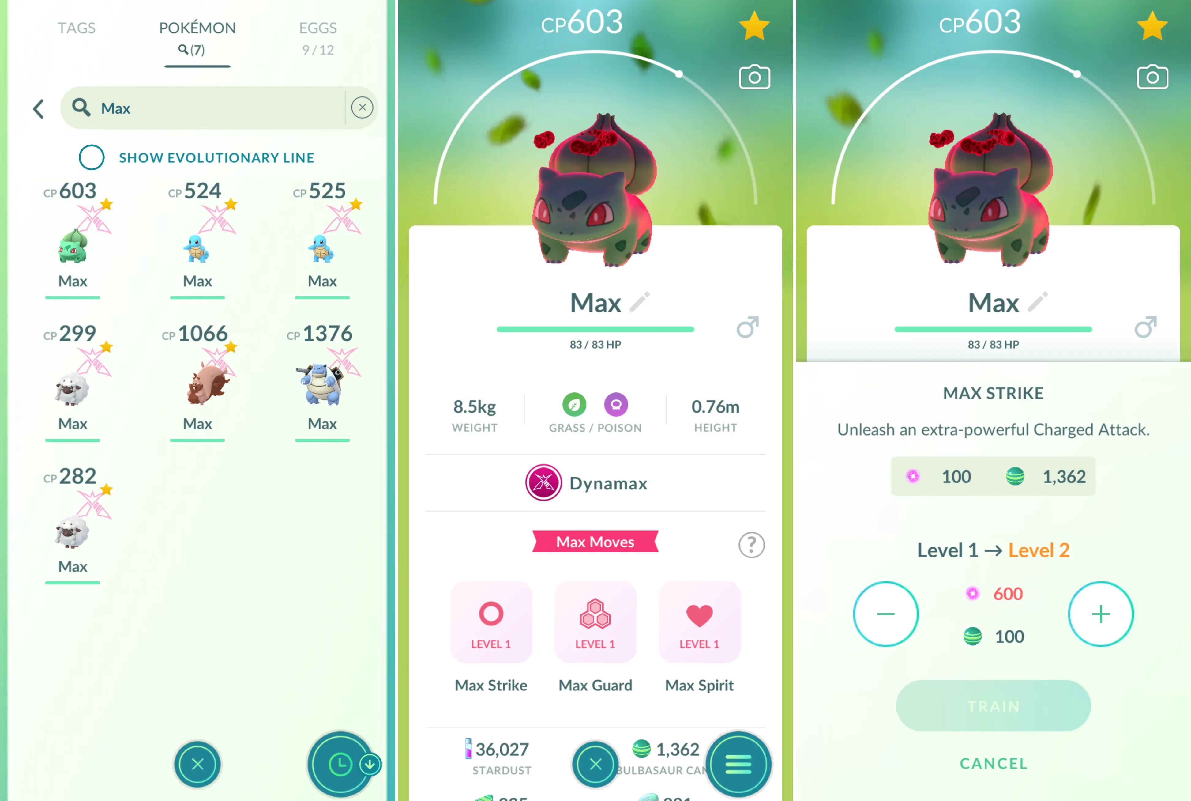 Three screenshots showing players how to find a Dynamax Pokemon and level up one of its Max Moves in the Pokemon Go mobile game