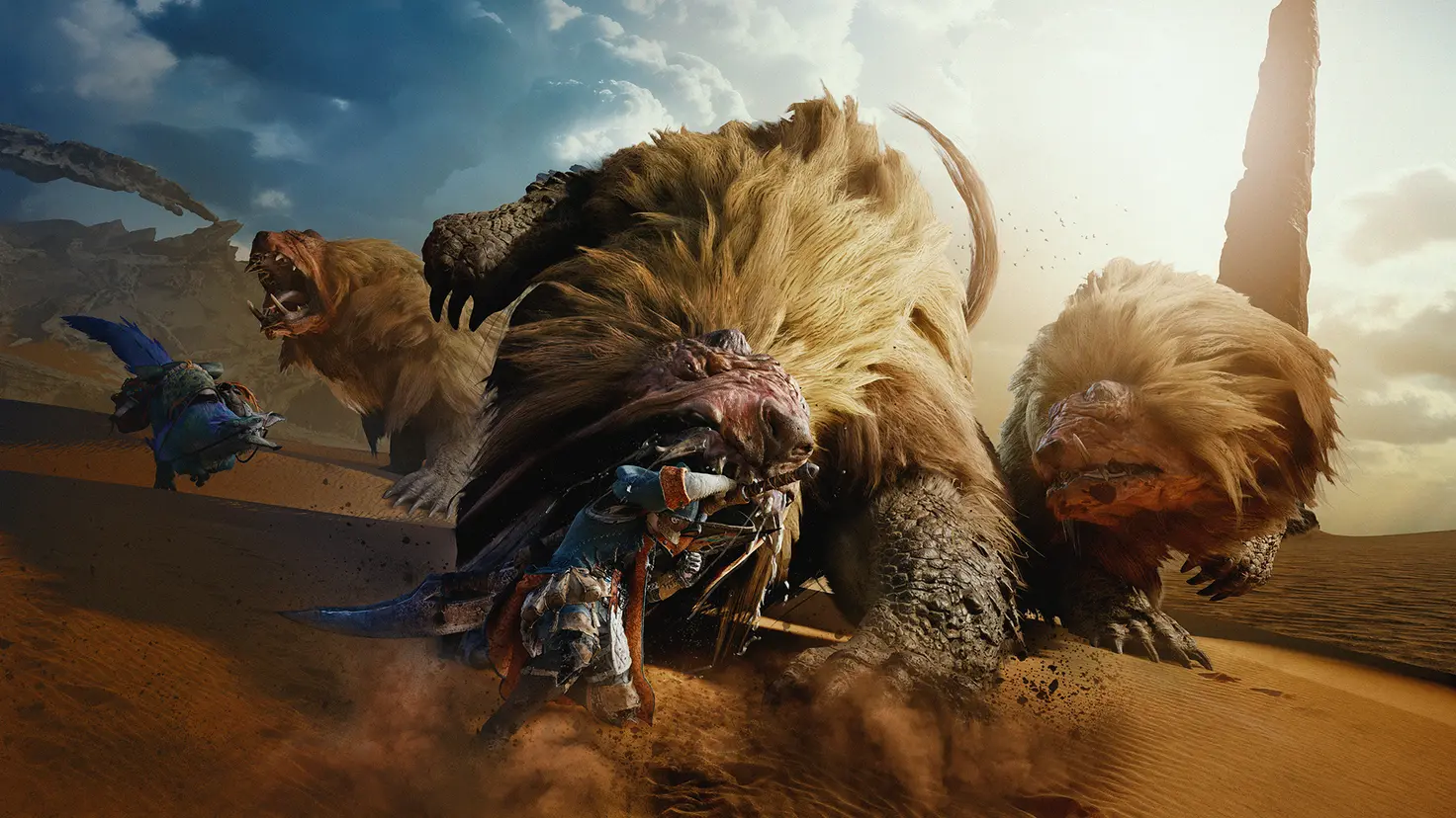 A hunter fights a pack of monsters in a desert environment