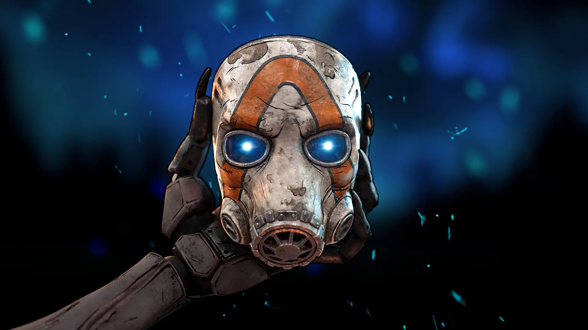 A left hand is seen holding a "Psycho" mask from the Borderlands video game franchise