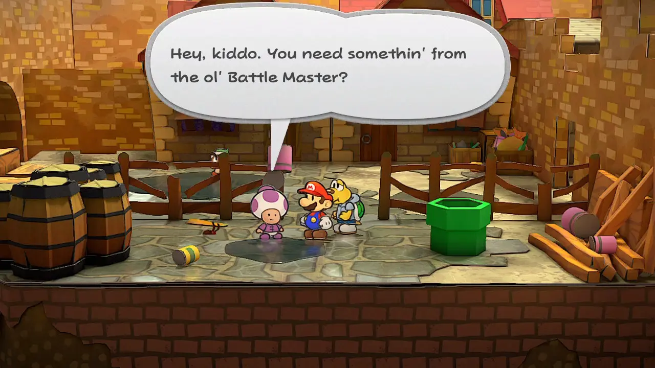 Mario and Koops talking to the Battle Master Toad in the Paper Mario: The Thousand-Year Door video game