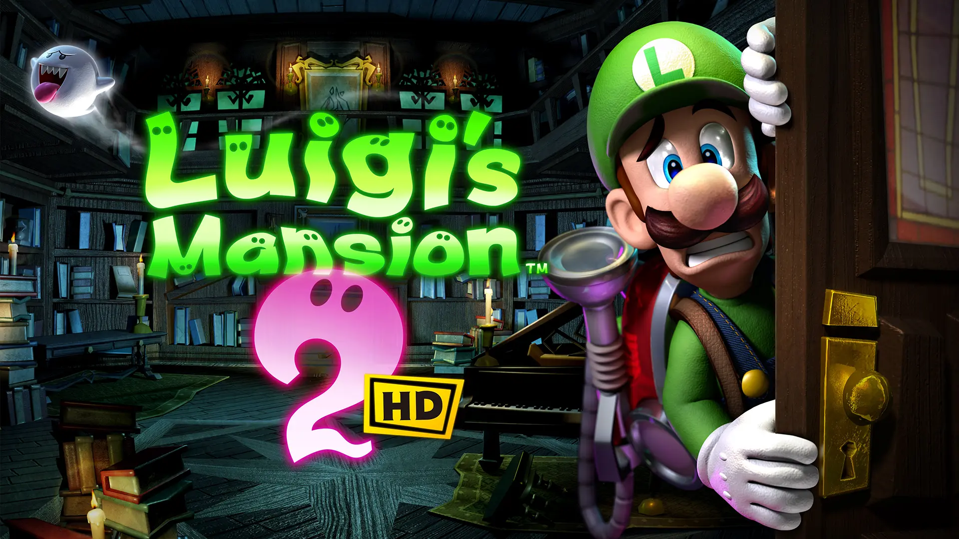 A frightened Luigi peeks from behind a door at right with the Luigi's Mansion 2 HD logo centered vertically at left