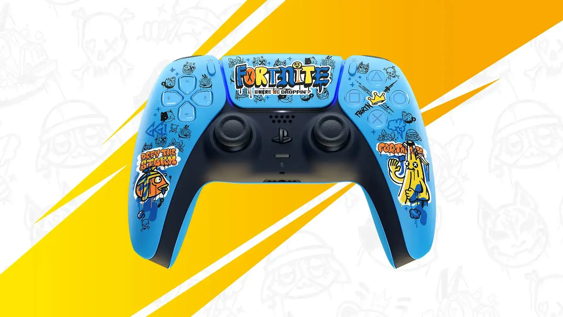 The Fortnite DualSense Wireless Controller against a white and yellow background