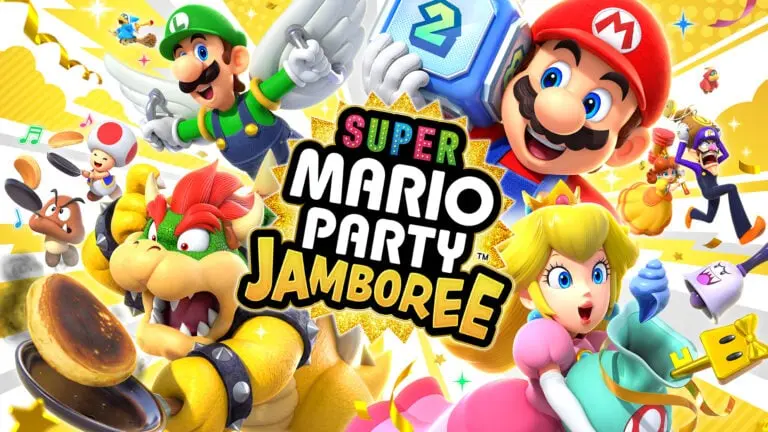 Keyart for Super Mario Party Jamboree prominently featuring Bowser, Luigi, Mario and Peach surrounded by other characters and items.