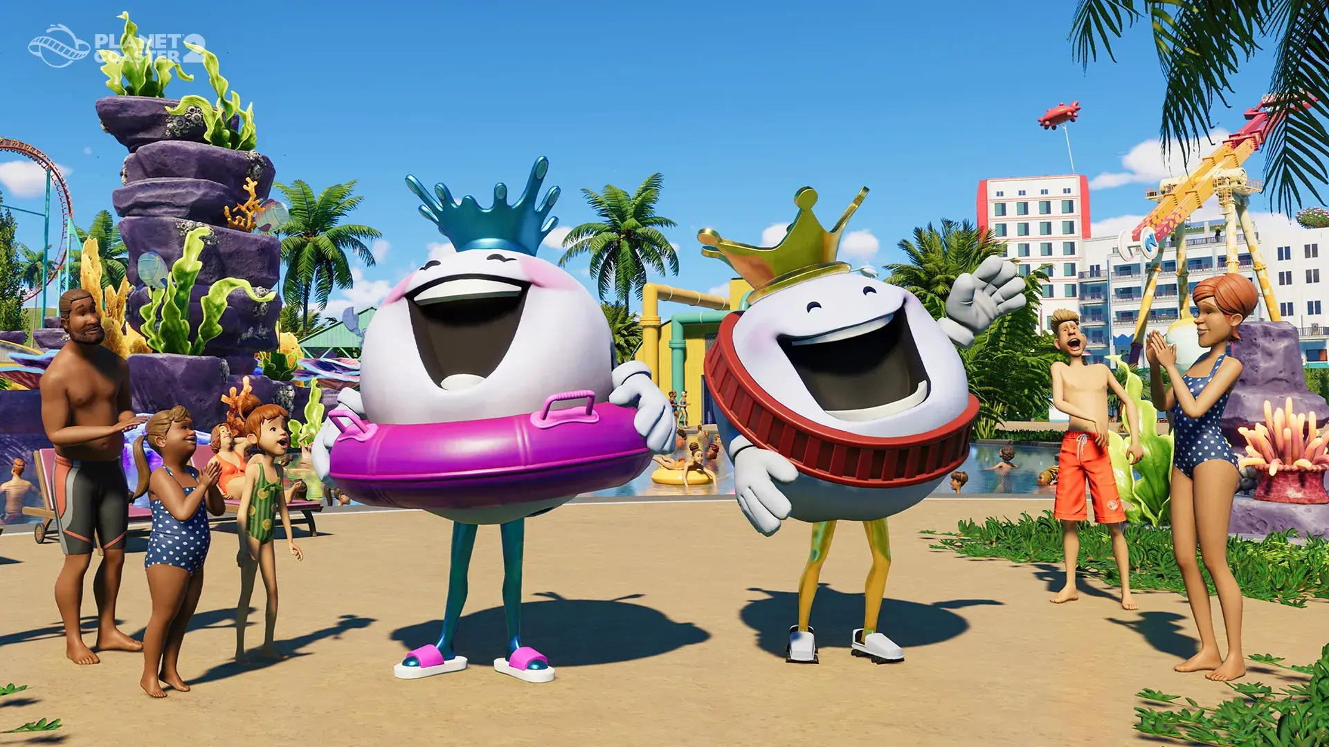 Two Planet Coaster 2 mascots stand near guests wearing swimwear at a water park in the Planet Coaster 2 video game