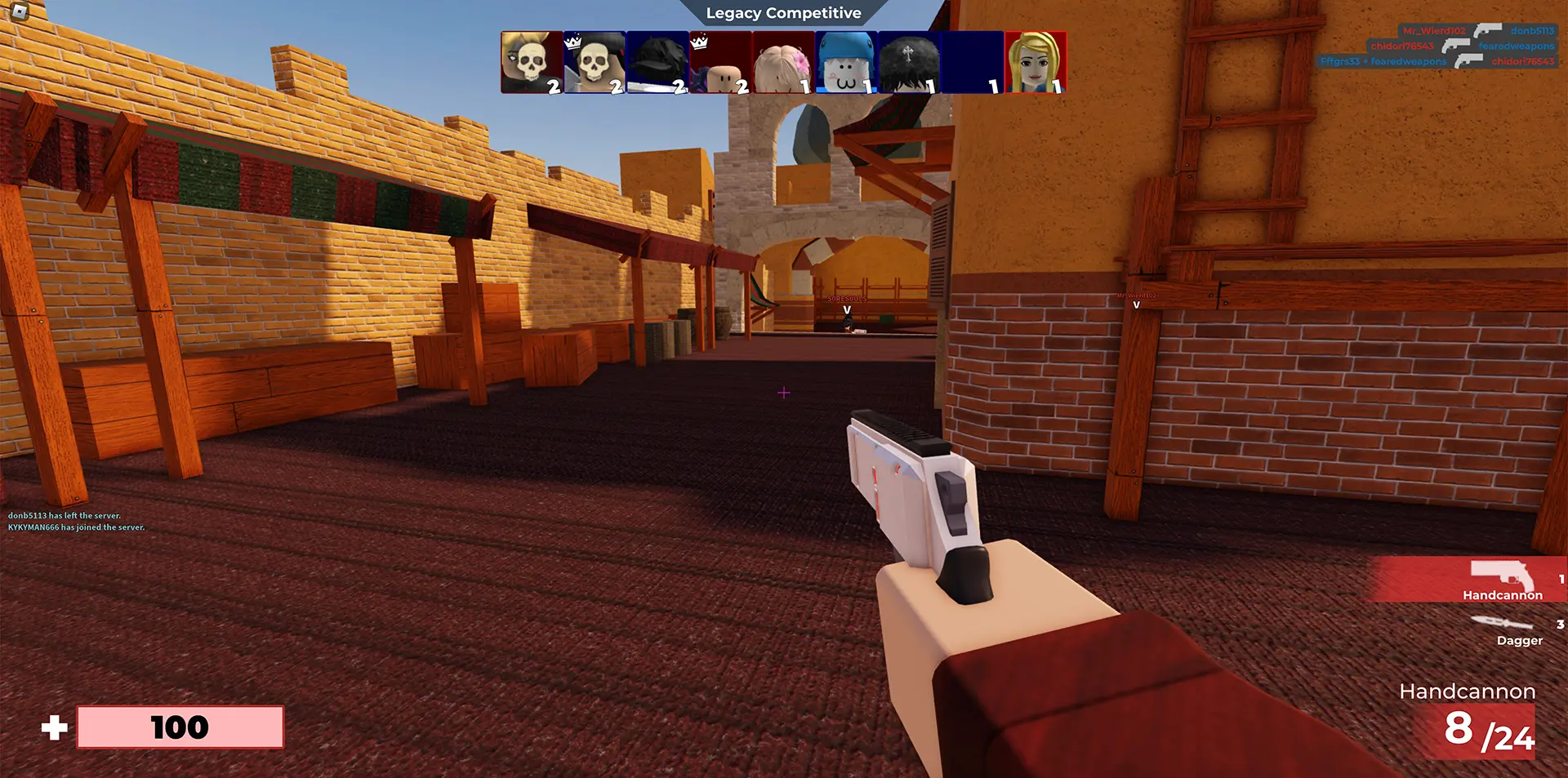 A Roblox player aims a pistol with their right hand, viewed from a first-person perspective