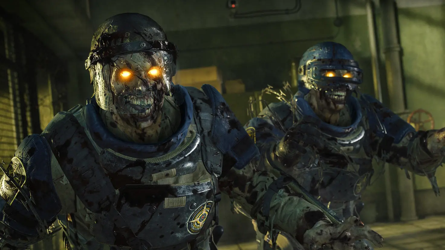 Two zombies from Black Ops 6 Zombies shamble in police riot gear. They have glowing eyes and are covered in splashes of blood.