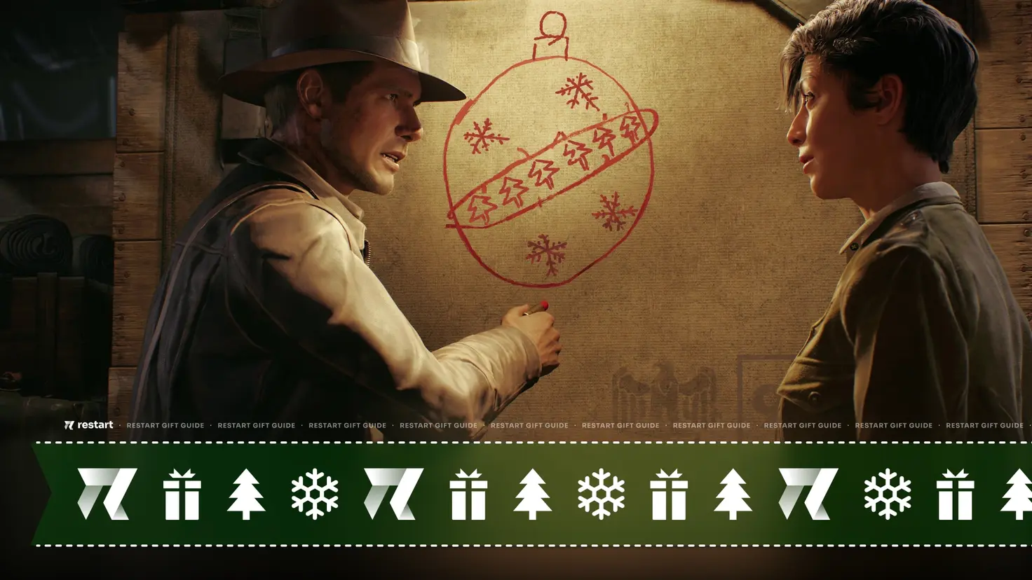 Indiana Jones talks to a woman while drawing on a board, the drawing is edited to look like a badly drawn bauble for a Christmas tree.