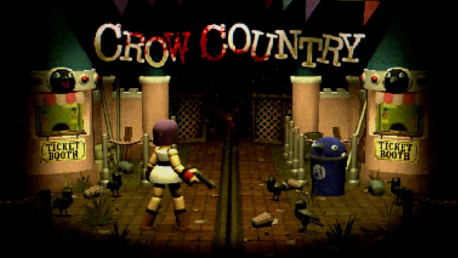 A girl in a cocktail dress holds a pistol and walks toward the gates of an abandoned amusement park called Crow Country. Ticket Booths are on either side of the entrance and the garbage can looks like a crow.