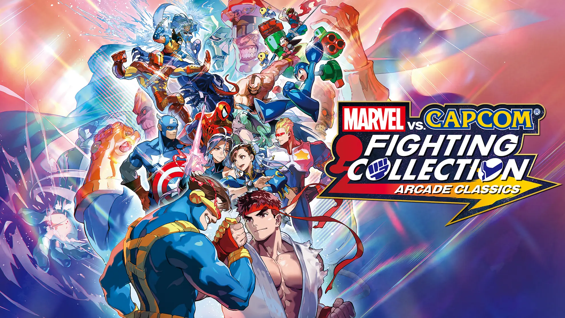 A collage of fighters to the left of the Marvel vs. Capcom Fighting Collection: Arcade Classics logo