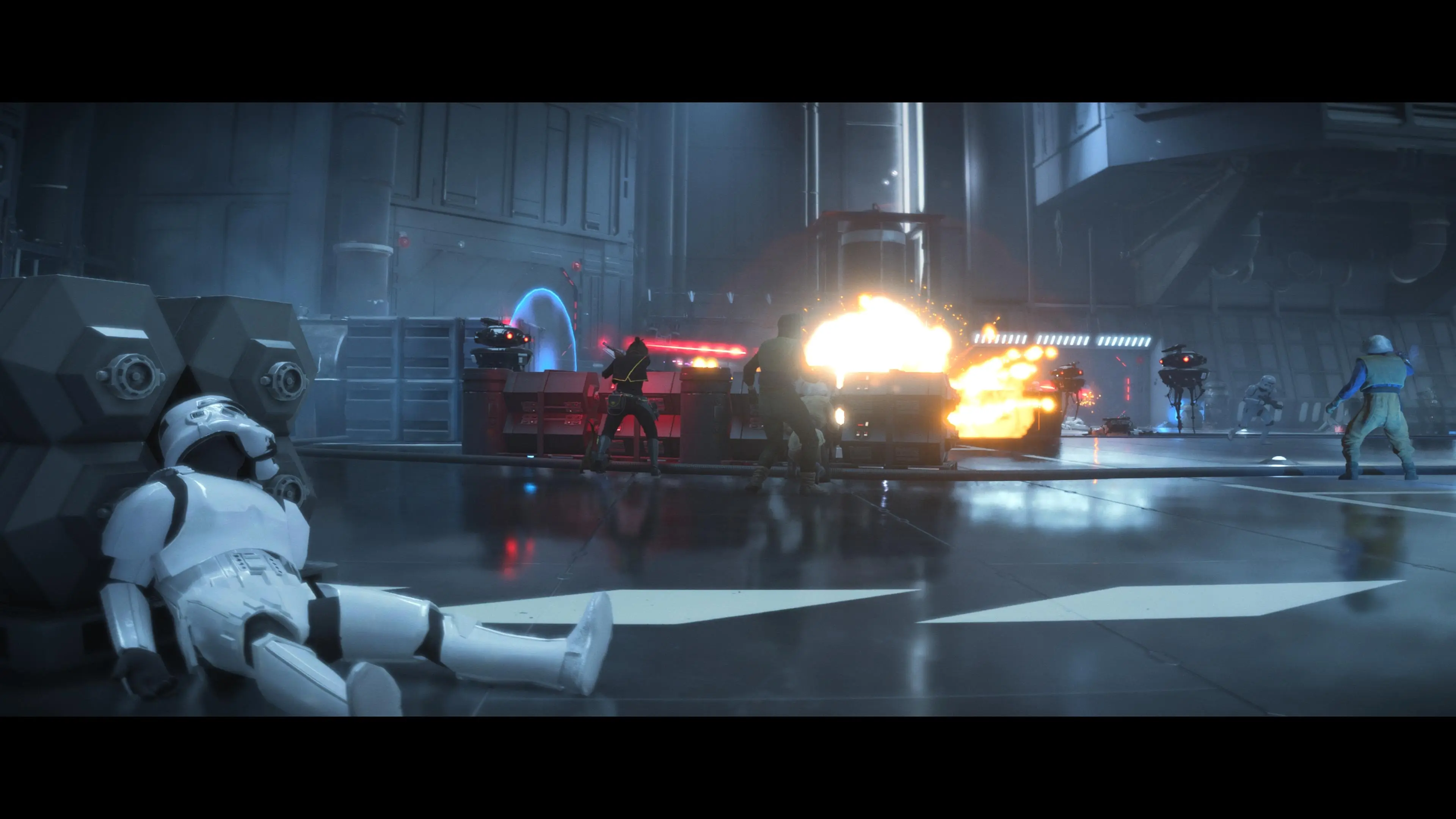 A stormtrooper lays dead in the foreground while an explosion goes off in a raging battle in the background