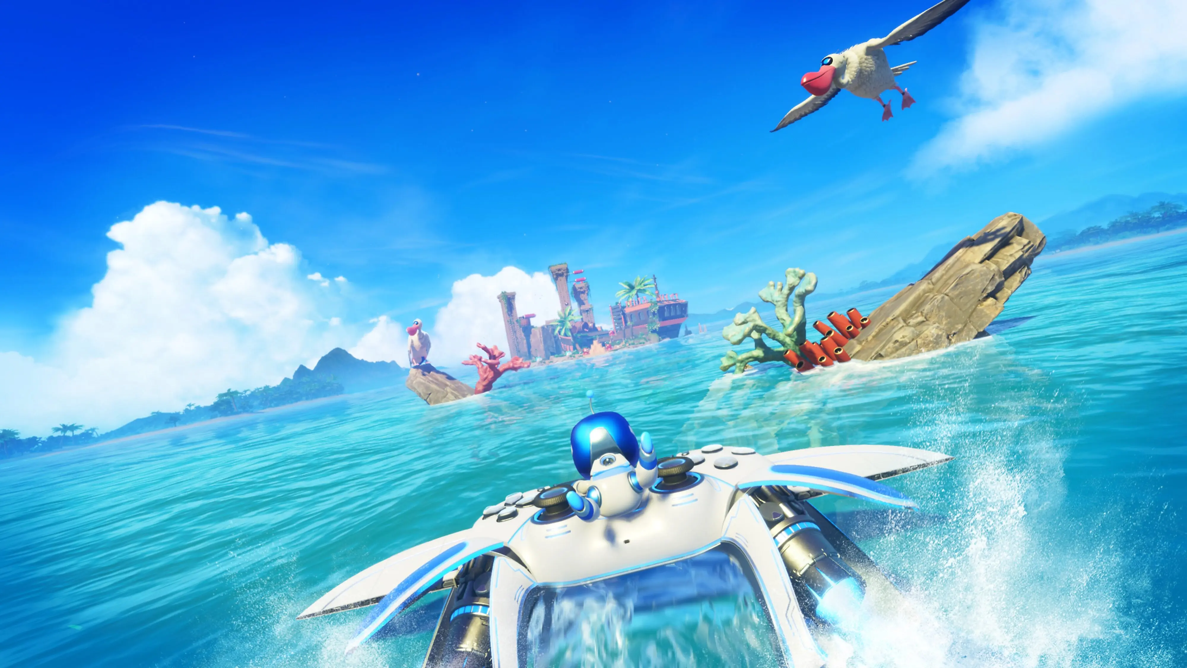 Astro Bot pilots a DualSense controller-shaped flying craft across a clear ocean.