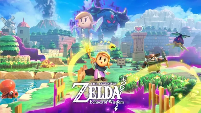 Keyart for The Legend of Zelda: Echoes of Wisdom, with Zelda waving a magical rod.