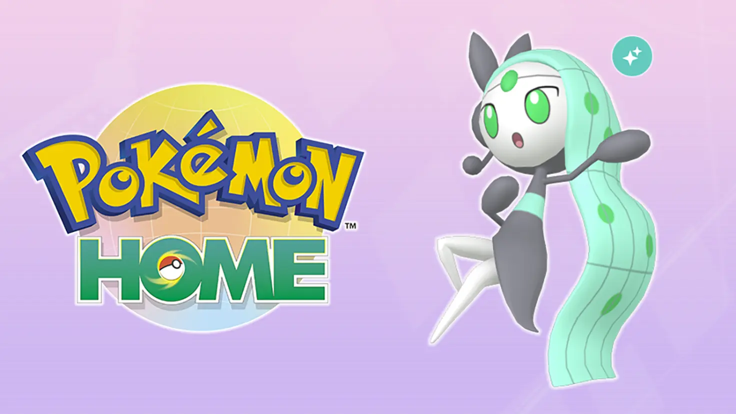 Shiny Meloetta to the right of the Pokemon Home logo against a lavender background