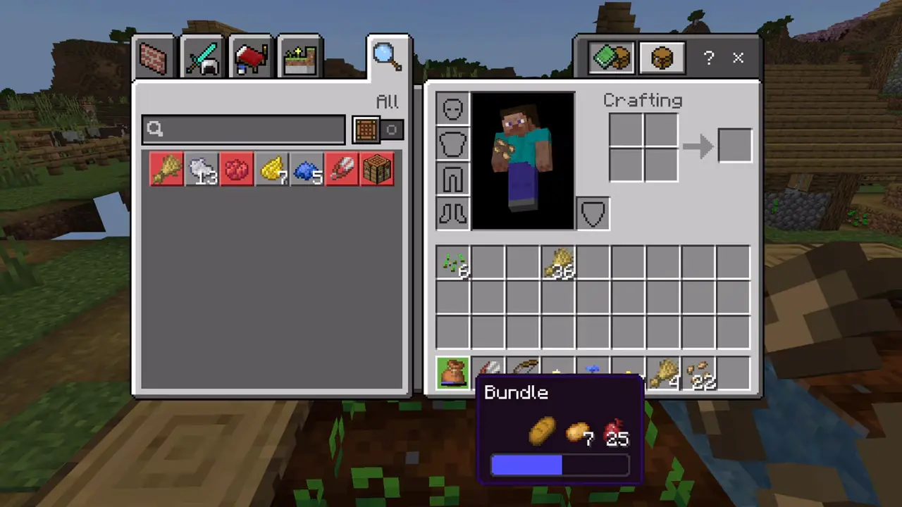 A Minecraft player hovers their cursor over a Bundle item containing one loaf of bread, seven potatoes, and 25 beetroot.