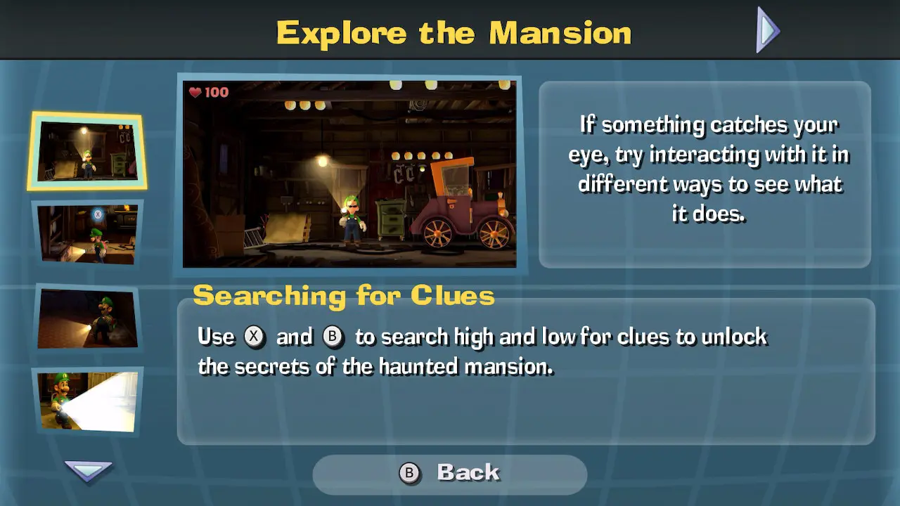 Page called "Searching for Clues" within the "Explore the Mansion" section of the in-game guide in the Luigi's Mansion 2 HD video game