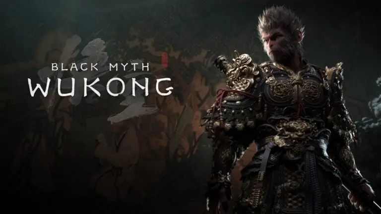 Sun Wukong, the Monkey King, stands in armor next to the game's logo for Black Myth: Wukong.