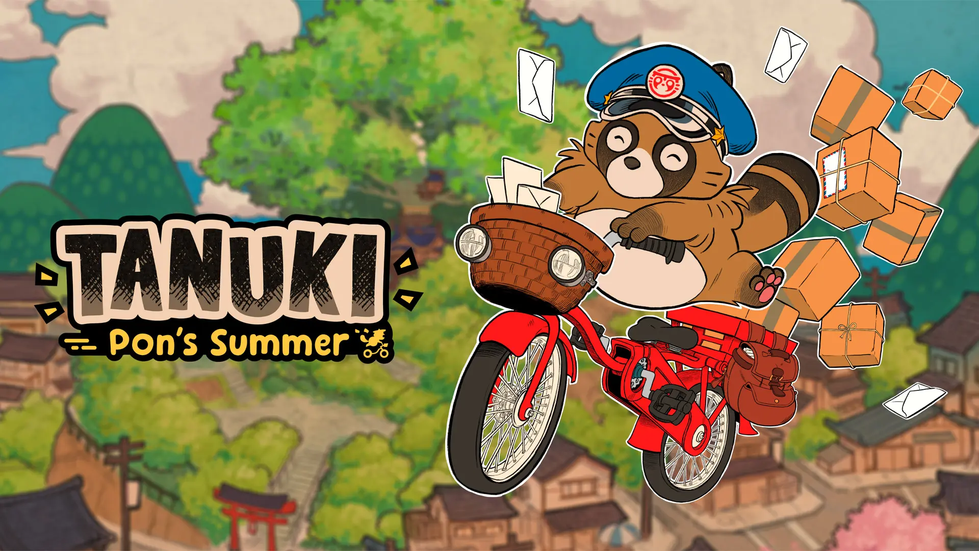 A Tanuki makes a jump with its bicycle to the right of the Tanuki: Pon's Summer video game