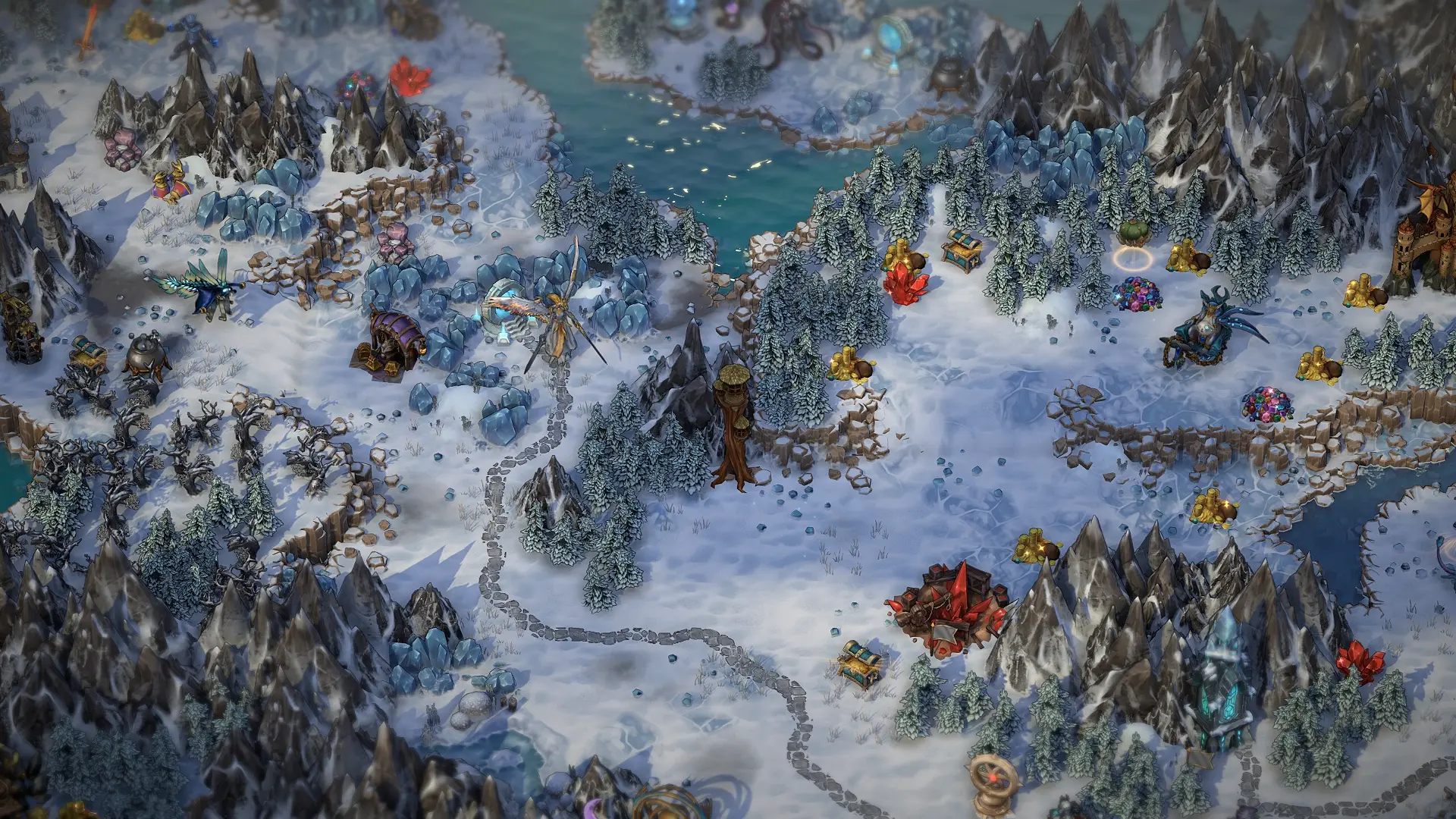 Overhead view of a snowy environment dotted with jagged rocks, man-made structures, piles of coins, and other objects