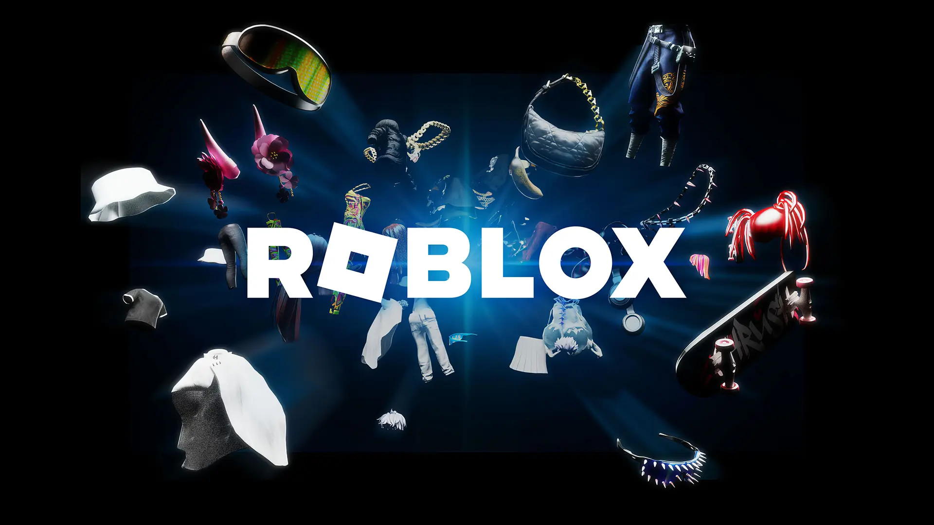 White Roblox logo on a black background surrounded by avatar items available on the platform