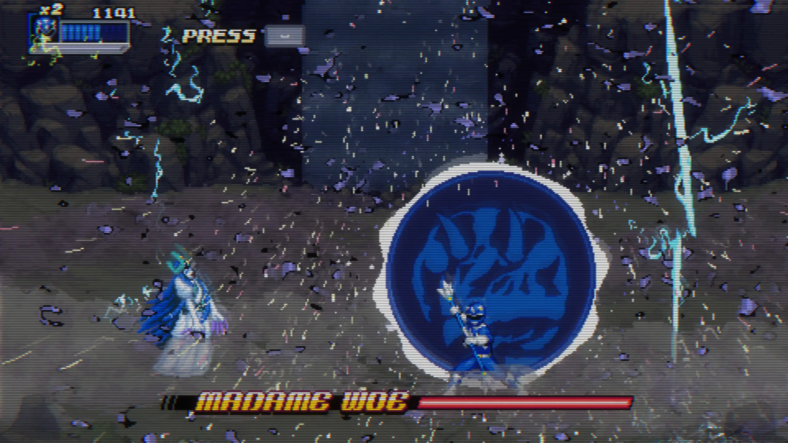 Mighty Morphin Power Rangers: Rita’s Rewind screenshot showing the blue Power Ranger summoning lighting against the Madame Woe boss