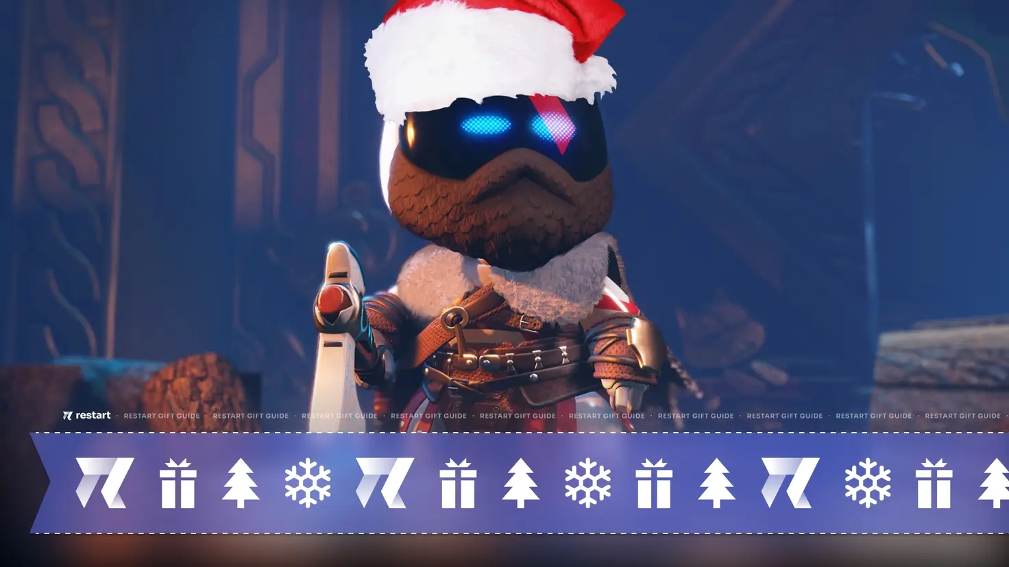 A God of War Astro Bot edited to be wearing a santa hat