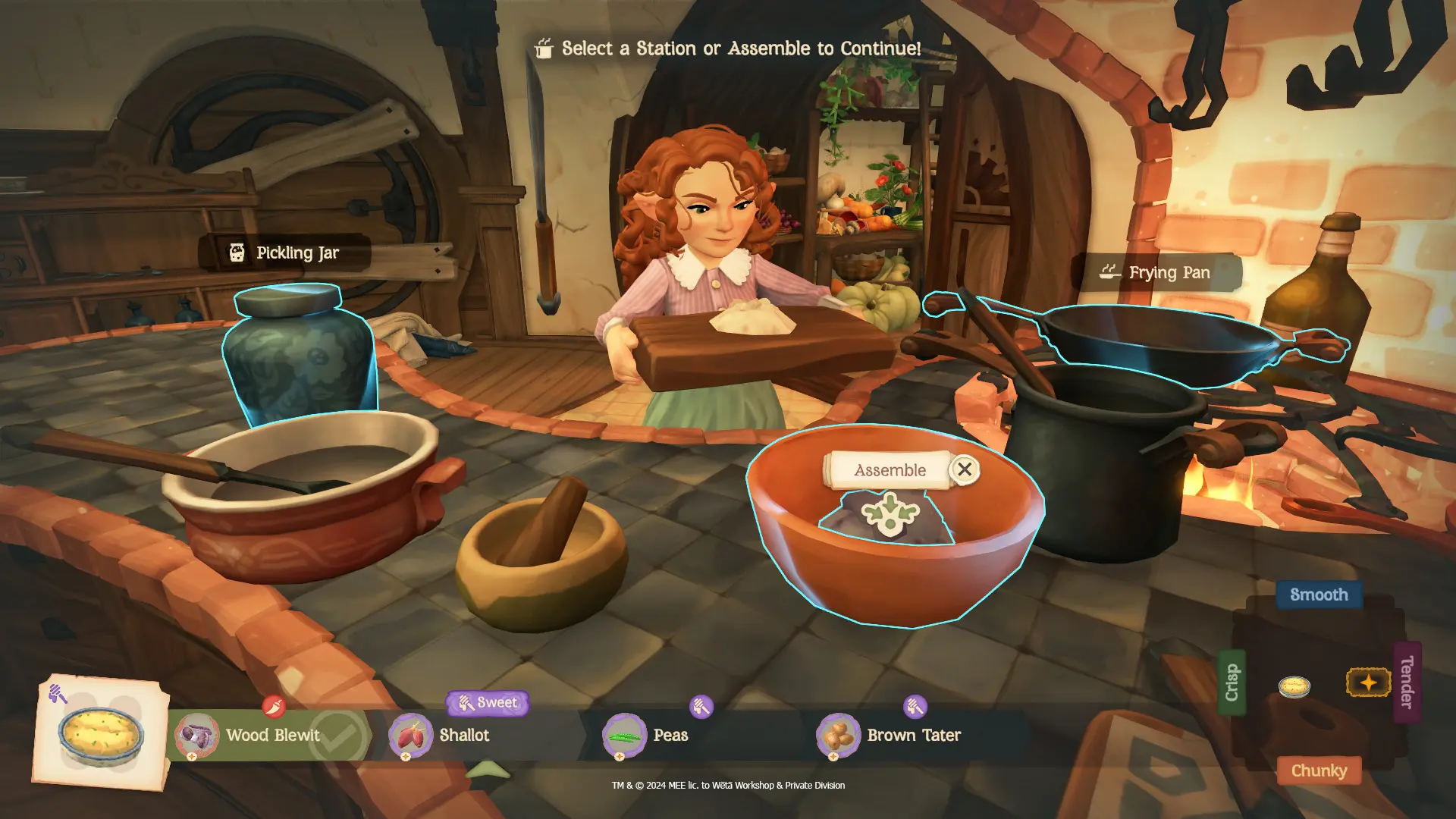 A female hobbit stands in front of the cooking stations in the Tales of the Shire video game