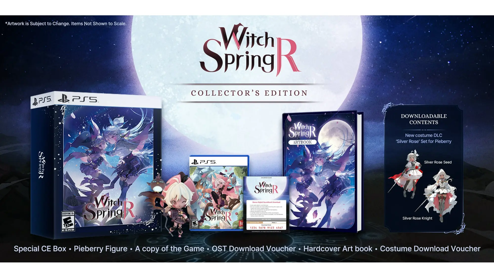 The contents of the WitchSpring R: Collector's Edition video game against a night sky background with a full moon