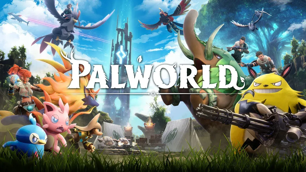 Palworld creatures face off against one another in front of a towering structure