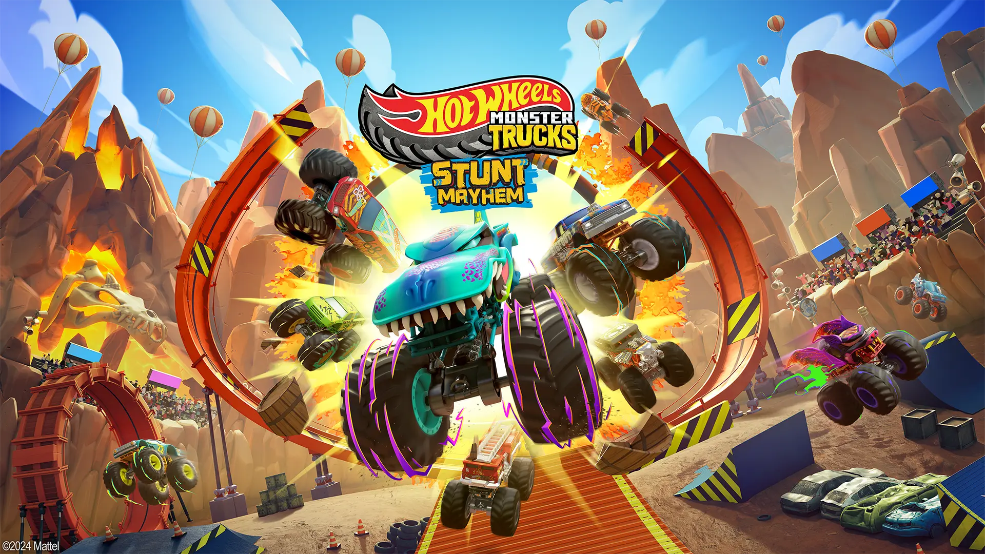 Hot Wheels monster trucks jump through a ring of track toward the viewer with the Hot Wheels Monster Trucks: Stunt Mayhem logo above