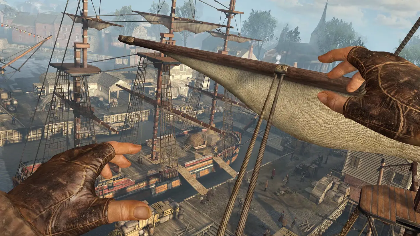 The player character jumps toward the wooden pole holding a ship's sail in the Assassin's Creed Nexus VR video game