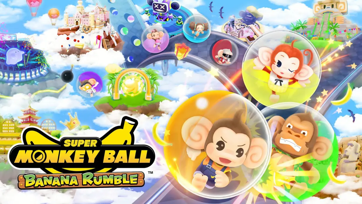 Multiple characters rolling in individual balls on a gray track with the Super Monkey Ball Banana Rumble logo in the bottom-left