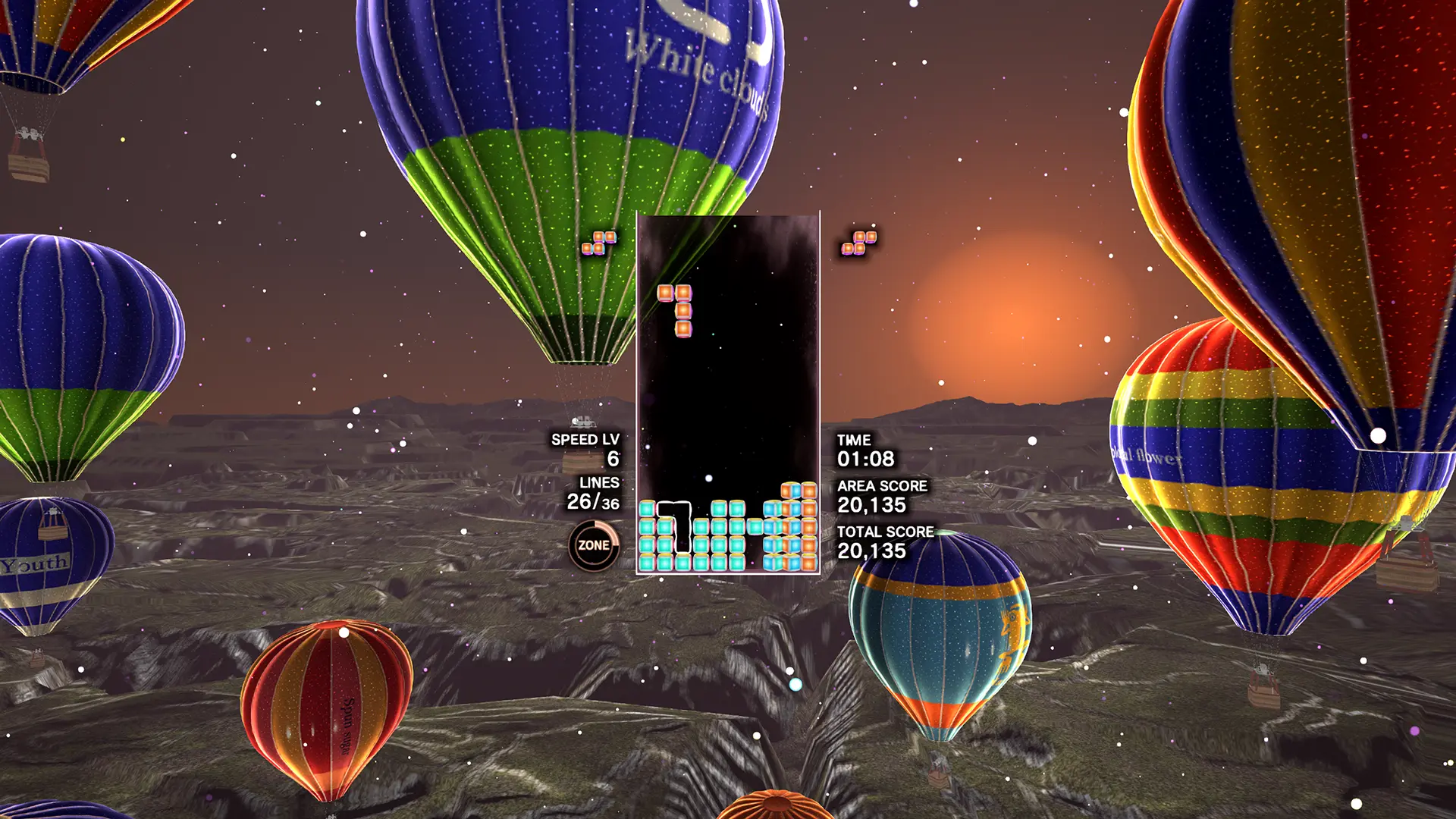 A game of Tetris being played on a board in the sky with hot air balloons surrounding it