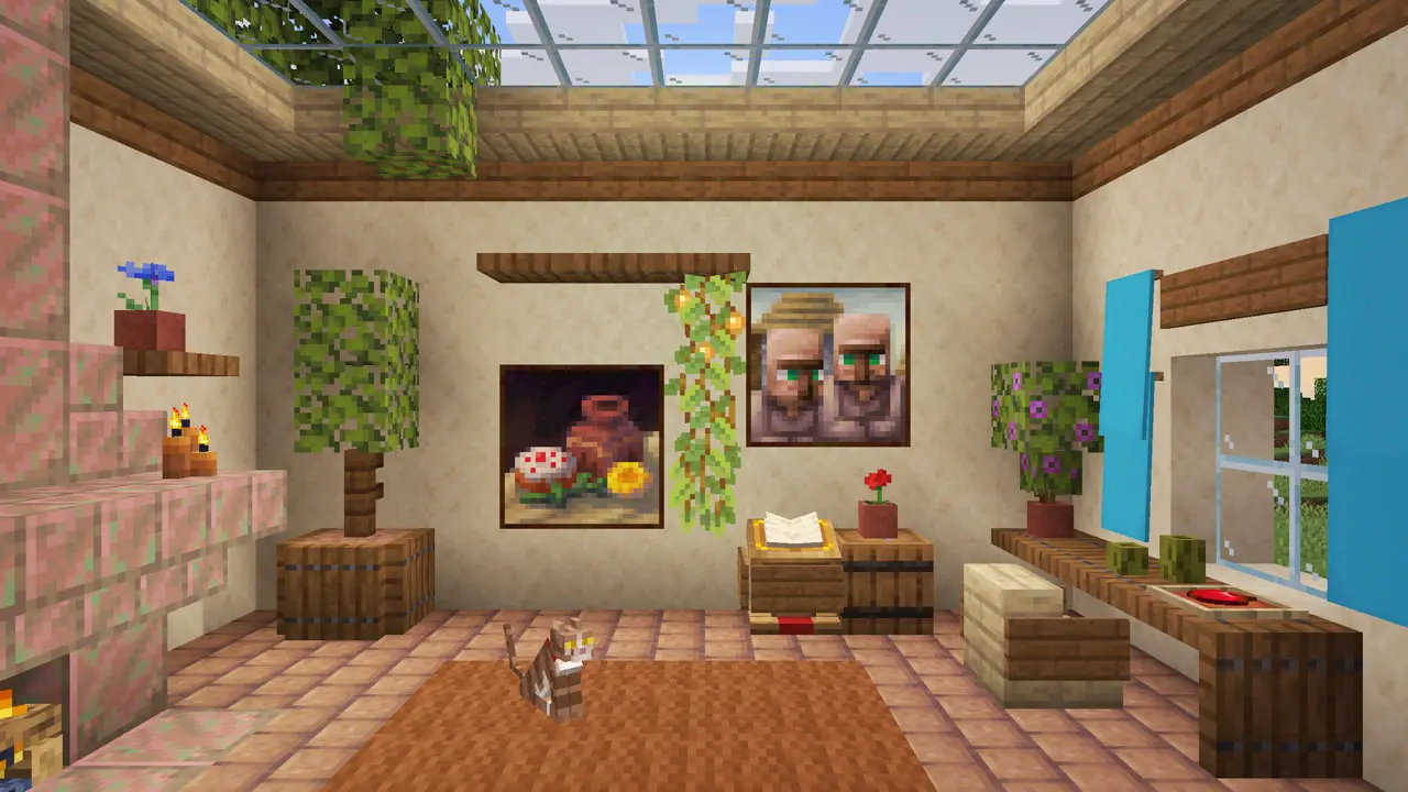 Two paintings hang on a wall in a home in the Minecraft video game