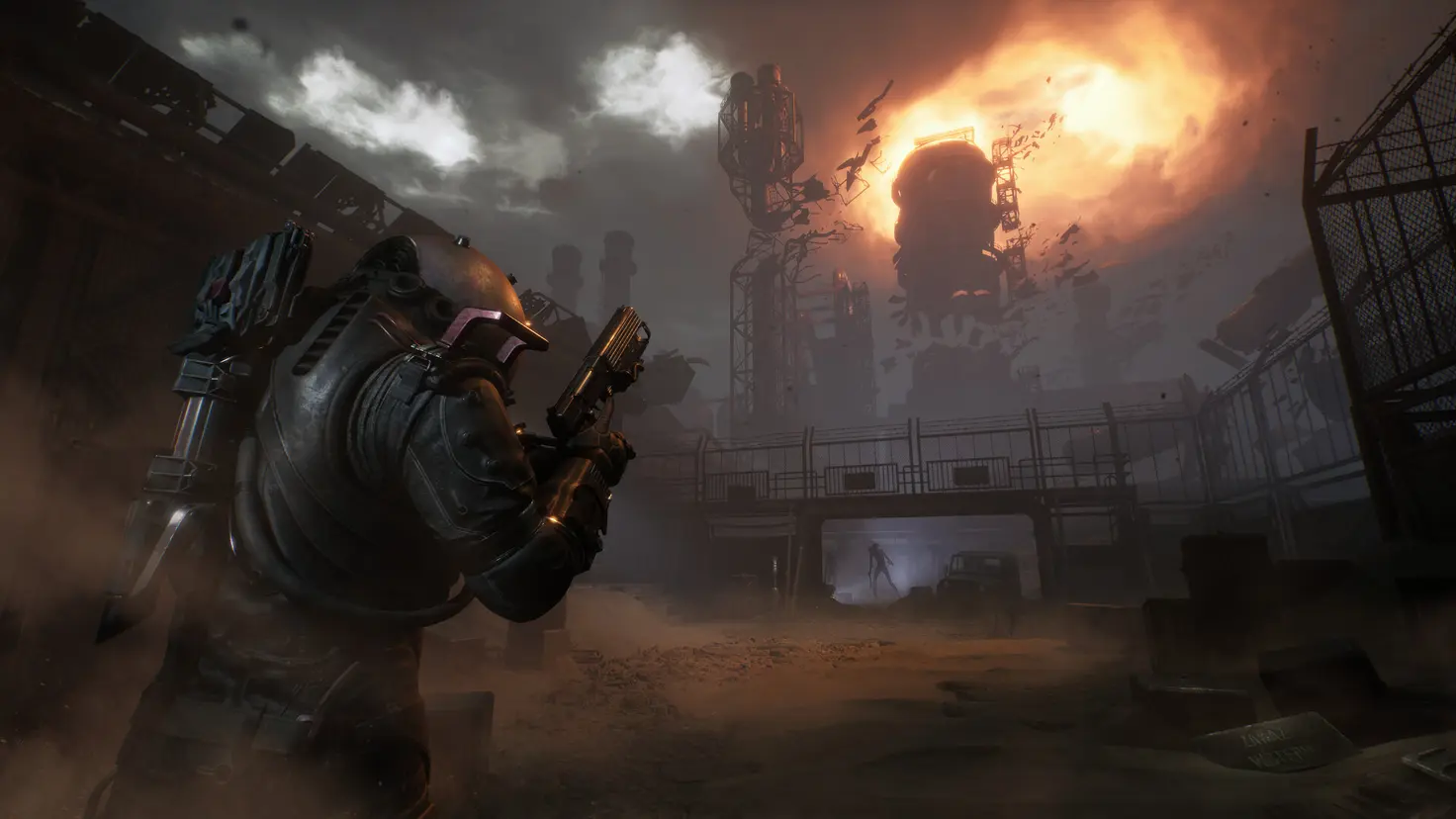 A figure in a space suit walks toward a building being ripped apart by a glowing storm cloud