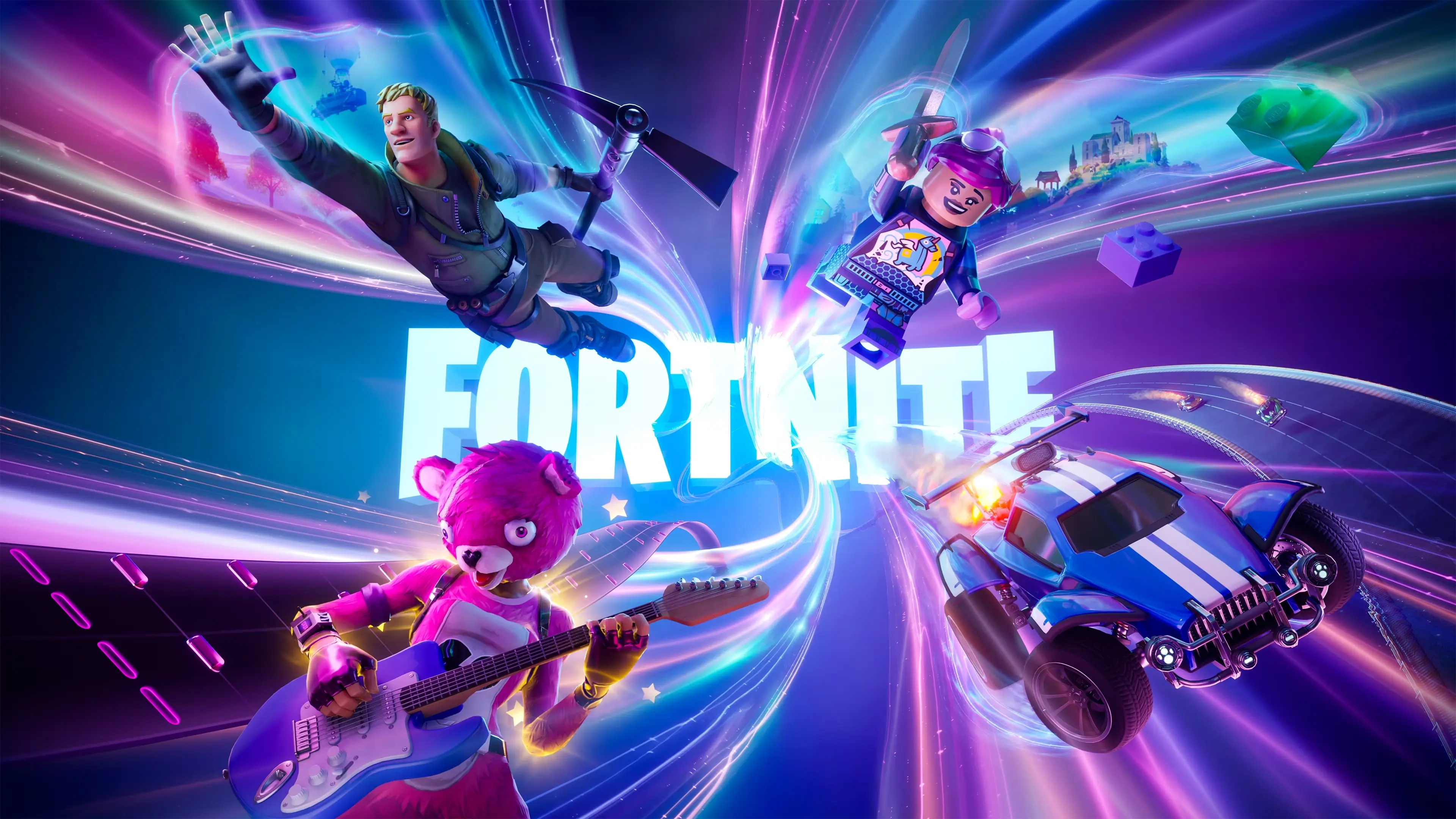 Characters from all four major Fortnite game modes around the game's logo.