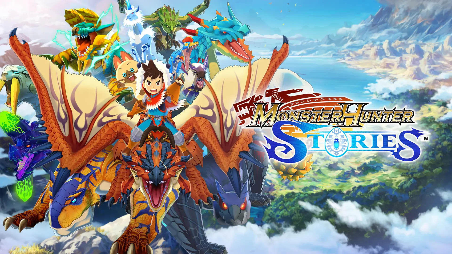 A young boy rides on the back of a red winged monster flying through the sky. The Monster Hunter Stories logo is centered vertically at right.