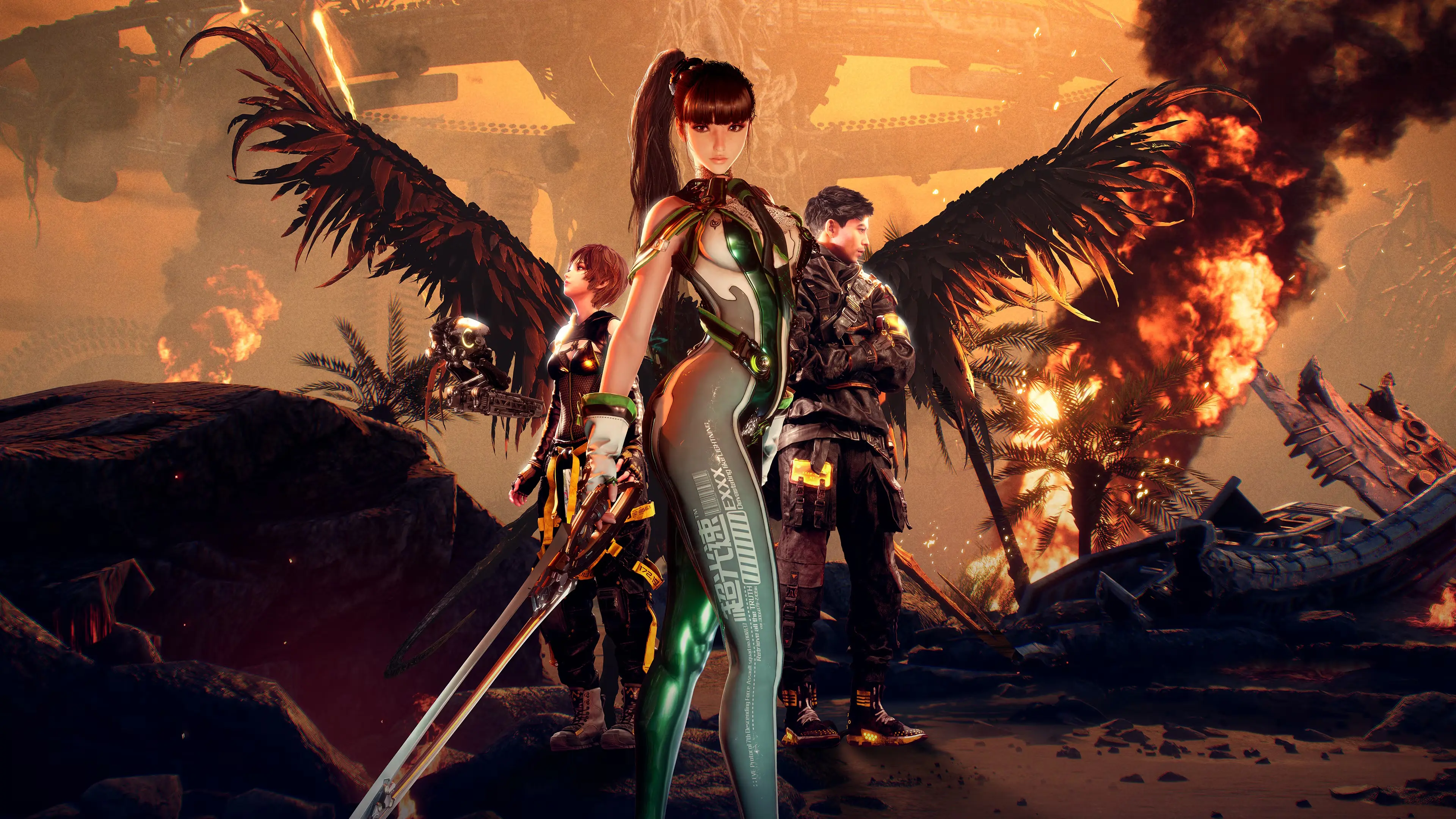 Eve from Stellar Blade poses with a sword in front of other characters and a burning wreckage