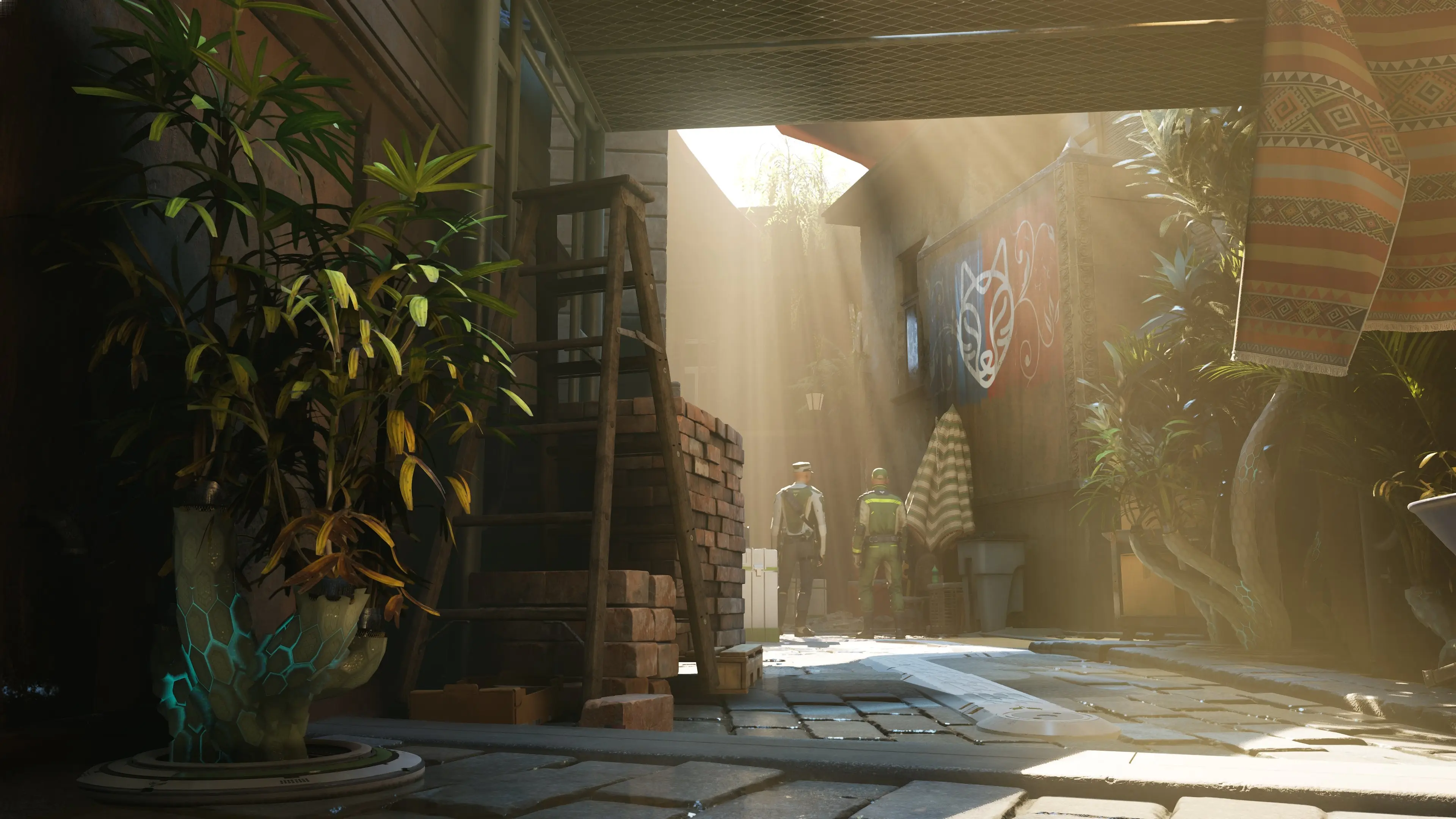 Two guards stand in a Cairo alley with sunbeams dappling the street. In the shadow of a plant vase in the foreground a shimmering forcefield suggests something may be invisibly cloaked.