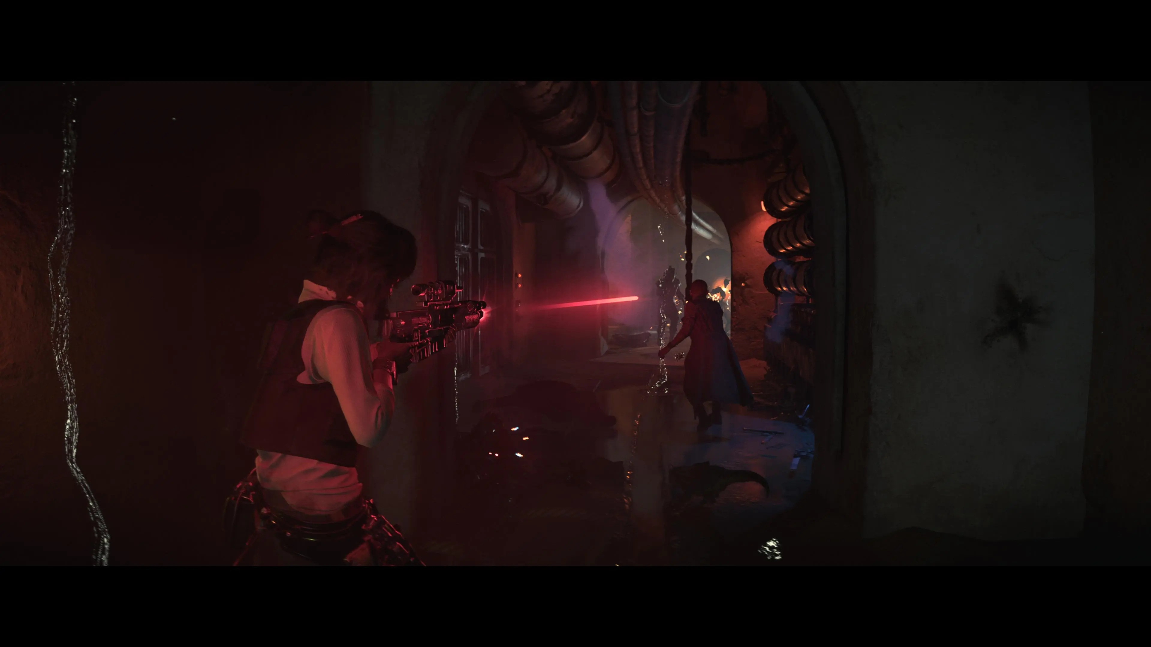 Kay shoots an E-11 Blaster down a steam-filled hallway in Star Wars Outlaws