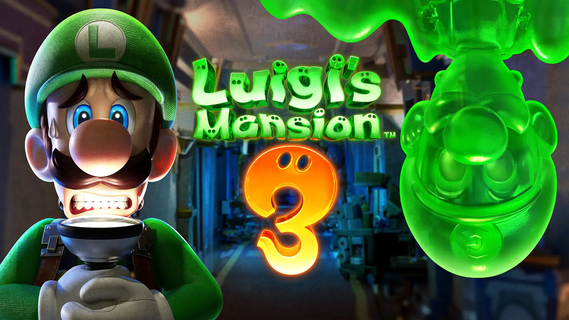 Luigi holds a flashlight under his chin while Gooigi hangs upside down to his left. The Luigi's Mansion 3 logo is centered.