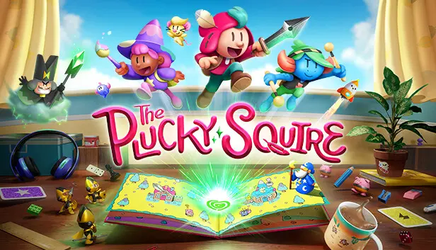 Cartoon fantasy characters spring from the pages of a storybook on a desk, over the title The Plucky Squire