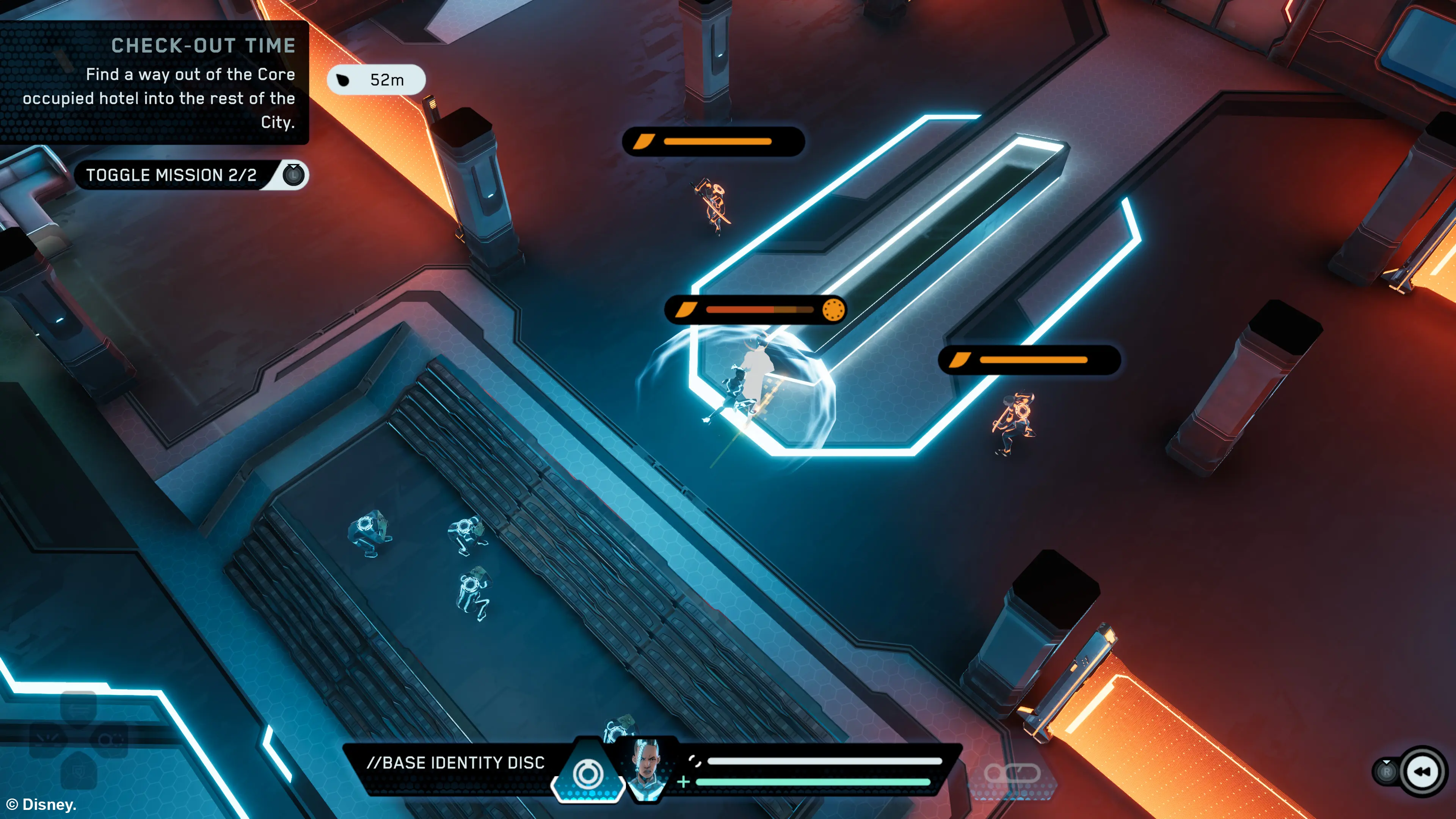 Exo engages in some light Identity Disc combat with three enemy programs. They each have a stun meter and health bar above their heads.