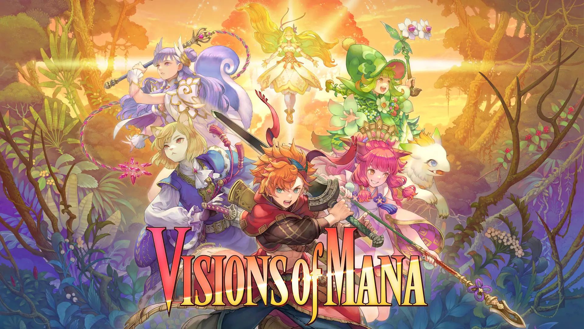 Key art for Visions of Mana with multiple game characters in battle poses surrounded by trees and branches