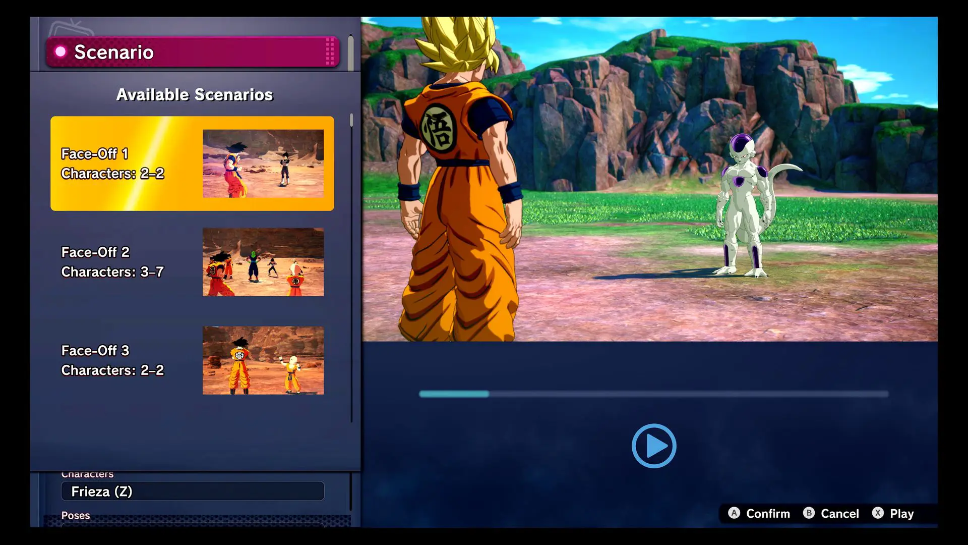 The scenario selection screen in the Custom Battle mode in Dragon Ball: Sparking Zero