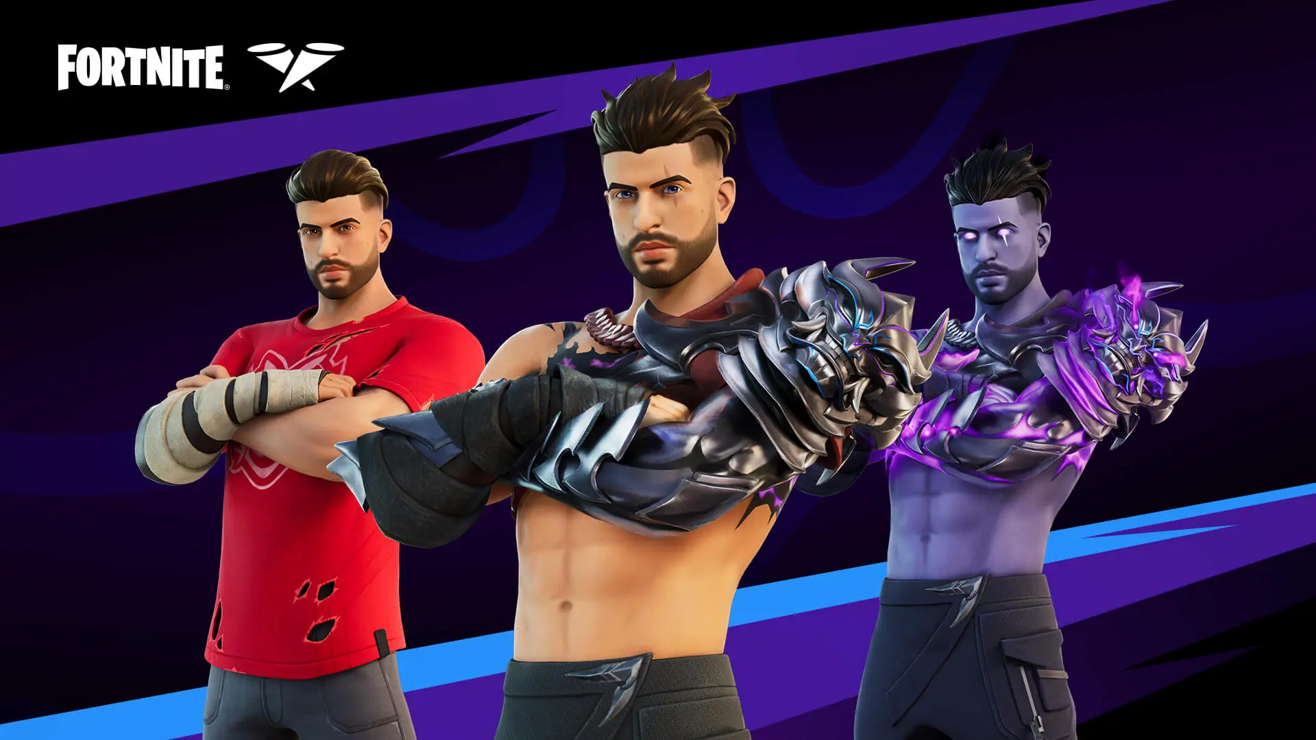 Content creator SypherPK's Fortnite Icon Series Skin in three variants, two topless with metal arms