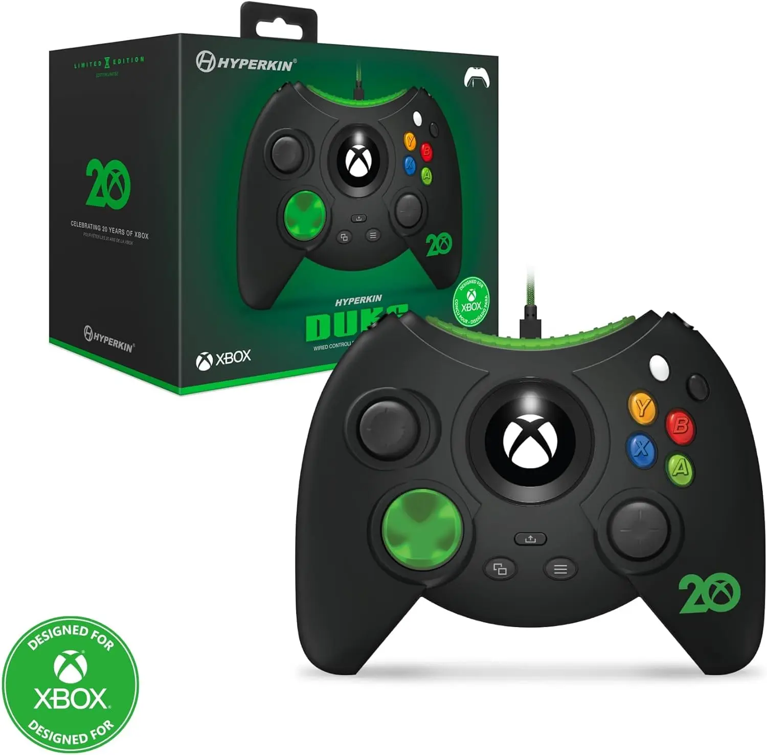 The Hyperkin Duke controller and its box, a replica of the original Xbox gamepad.