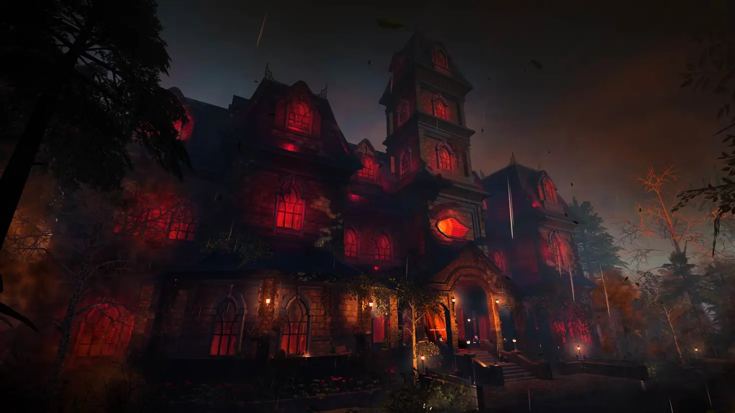 An errie mansion in the forest at night with a red glow in its windows