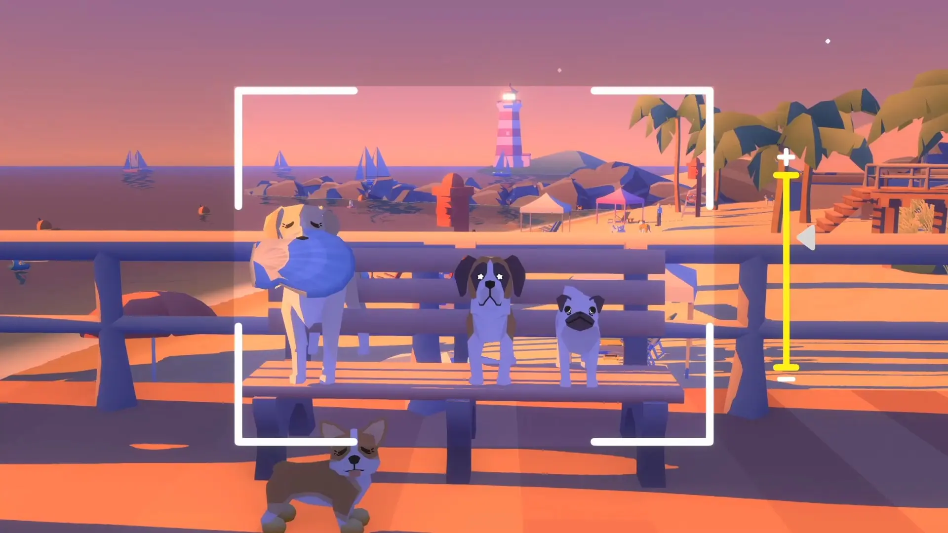 Three dogs stand on a bench on a beach pier with another in front. The player in Pupperazzi is photographing them, with a lighthouse in the background.