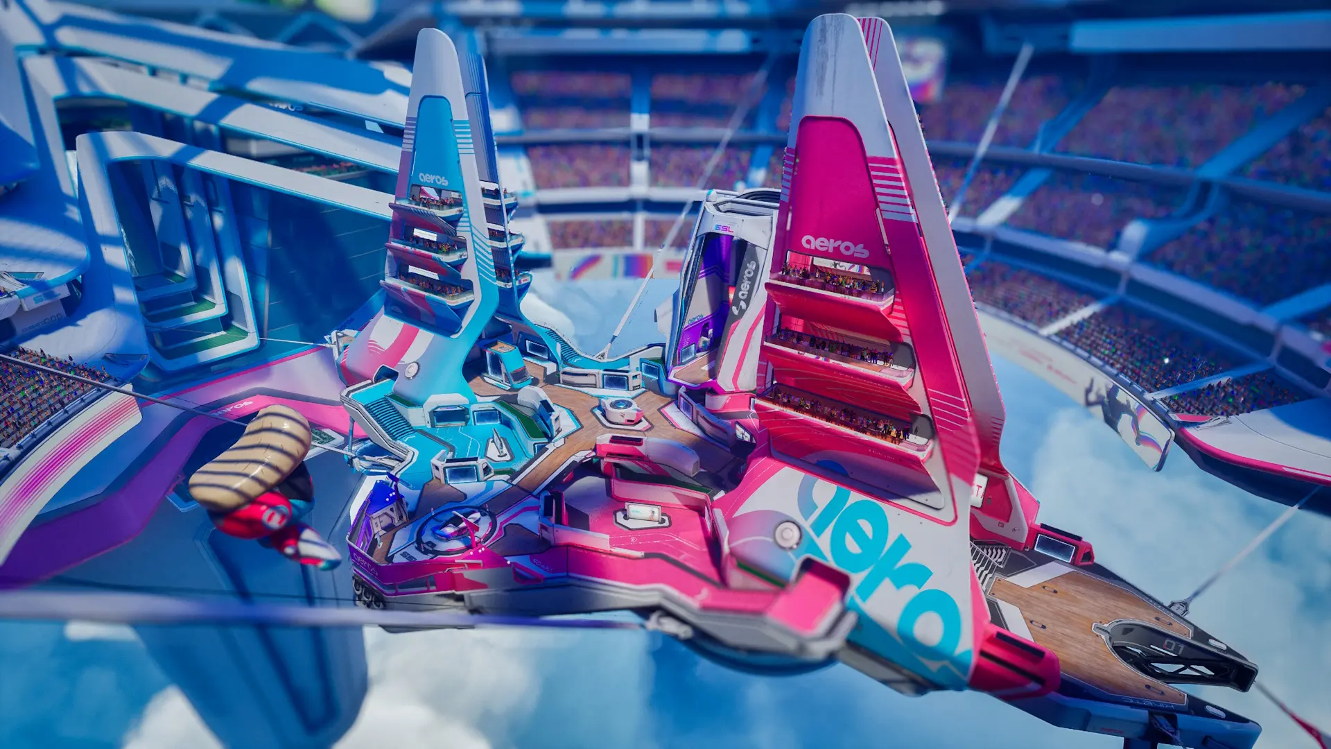 An Aeros arena in Splitgate 2, a floating arena in the middle of a crowded stadium.