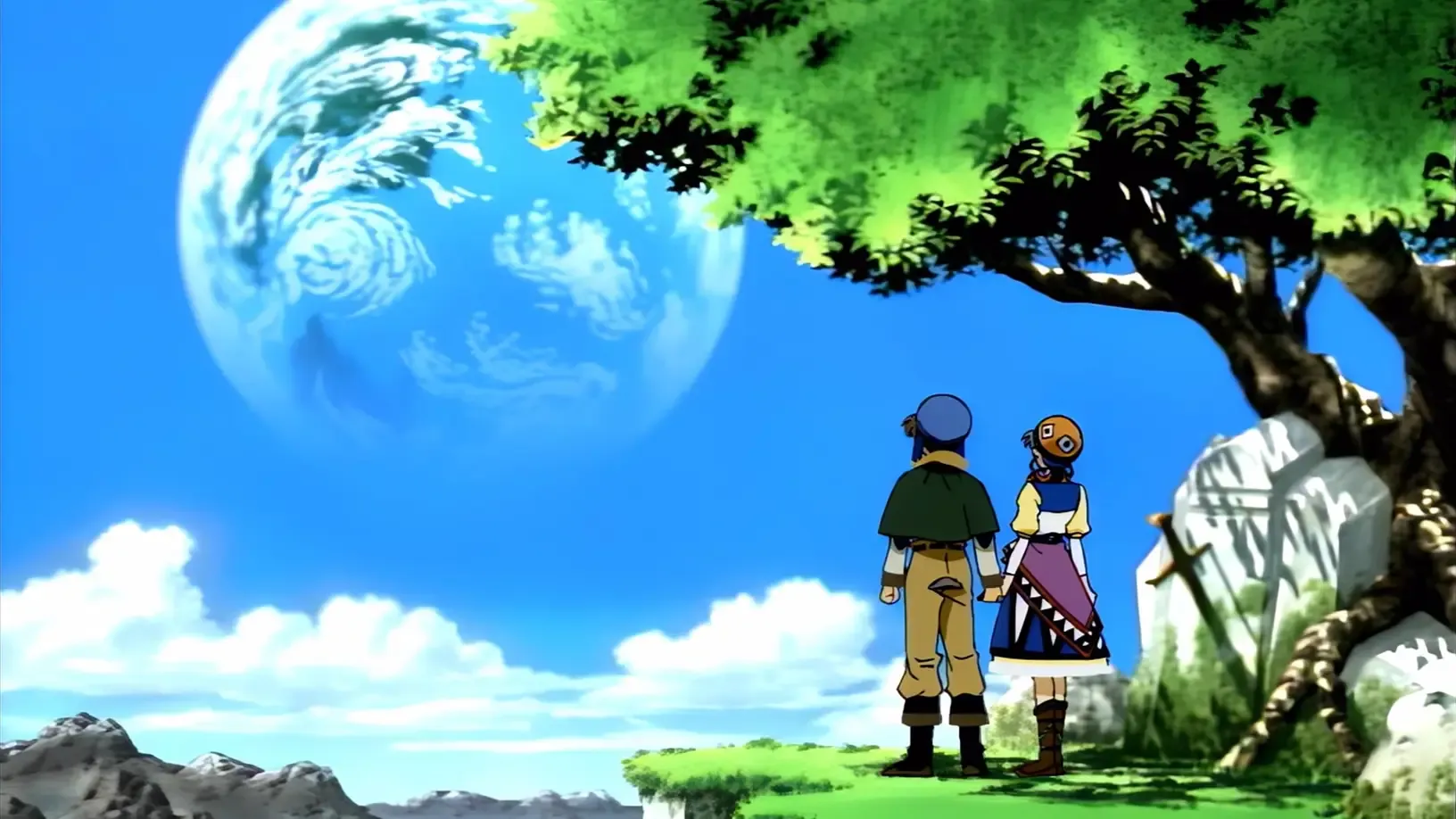 A man and woman look up at a planet in the sky while standing under a tree. A sword is stuck in stone beside them